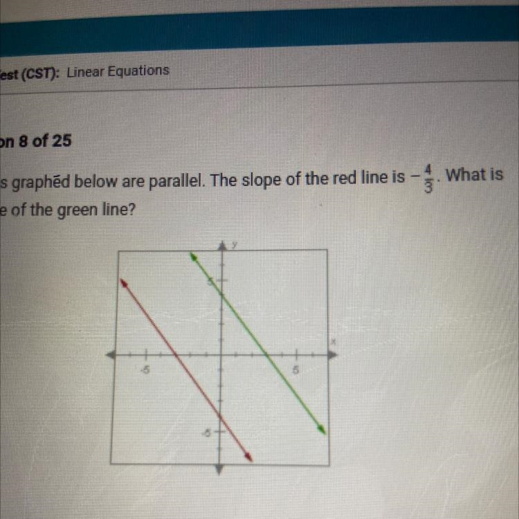 Question 8 of 25 The lines graphéd below are parallel. The slope of the red line is-example-1