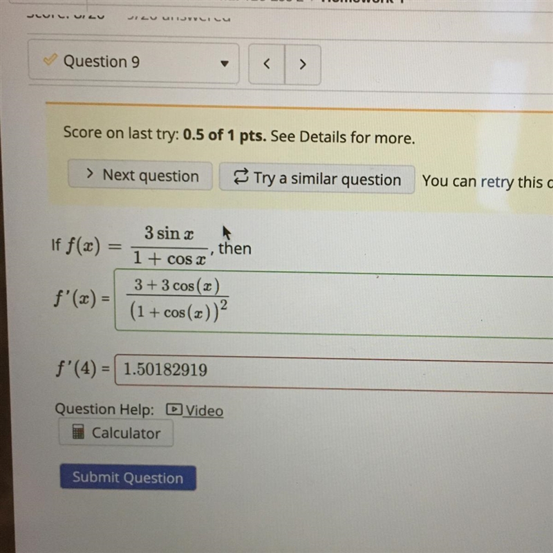 I plugged in 4 for the derivative function but I’m getting the wrong answer?-example-1