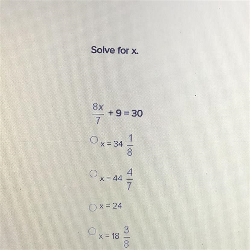 Solve for x. 8x/7+9=30-example-1