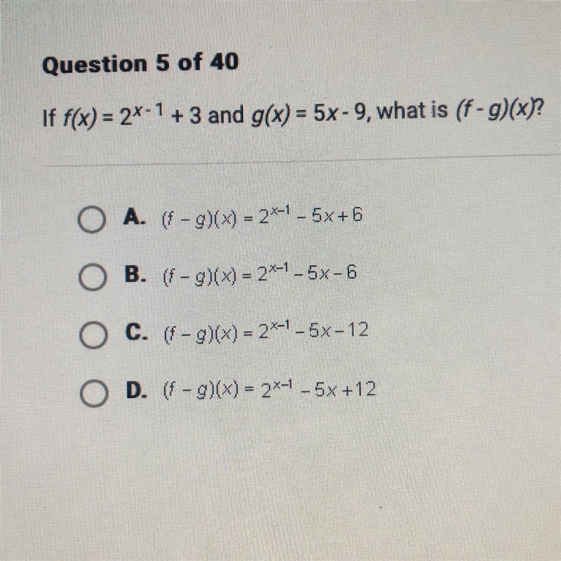 PLEASE HELP If f(x) = 2x-1 + 3 and g(x) = 5x - 9, what is (f-g) (x)-example-1