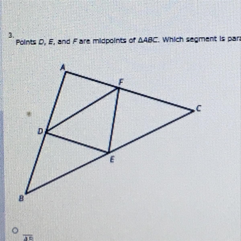 Points D, E, F are midpoints of ABC which segment is parallel to BC?-example-1