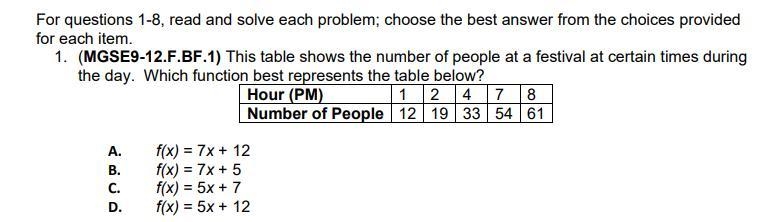 For questions 1-8, read and solve each problem; choose the best answer from the choices-example-1