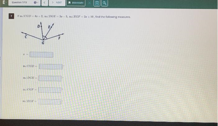 If m CGD=4x+2, m DGE=3x-5, m EGF=2x+10, find the following measures.-example-1