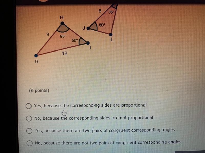 Are the two triangles below similar??-example-1