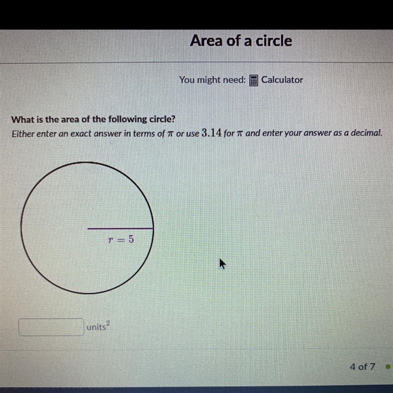 What is the area of the following circle?-example-1