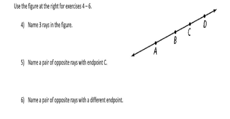 name 3 rays, name a pair of opposite rays with endpoint of c and name a pair of opposite-example-1