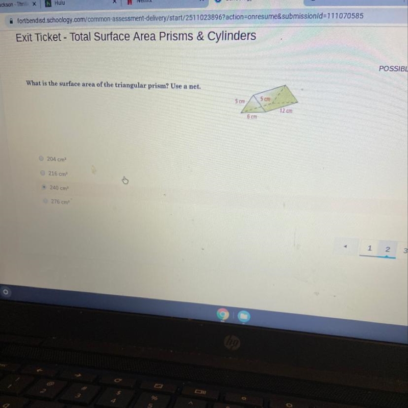 What is the surface area of the triangular prism? Use a net, 204 cm 216 cm 240 cm-example-1