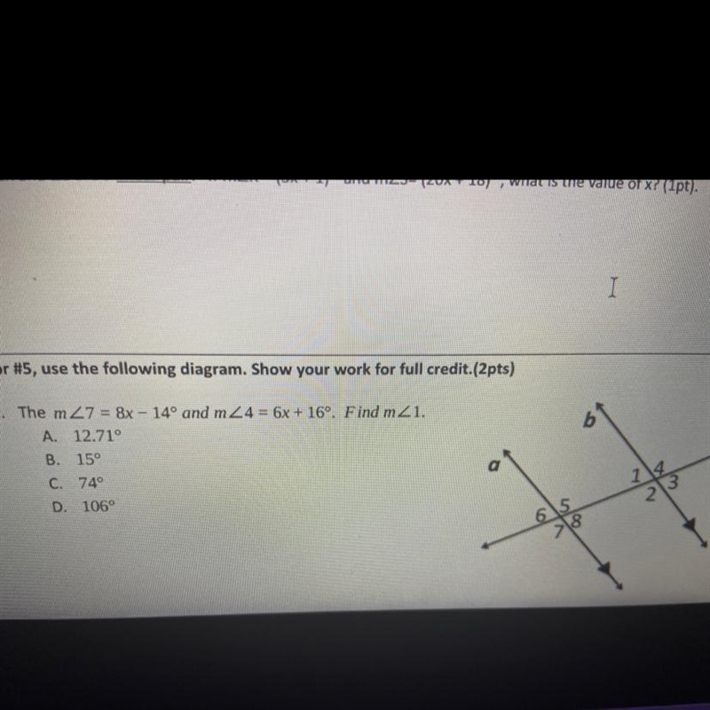 Find M<1 A. 12.71 degrees B. 15 degrees C. 74 degrees D. 106 degrees-example-1