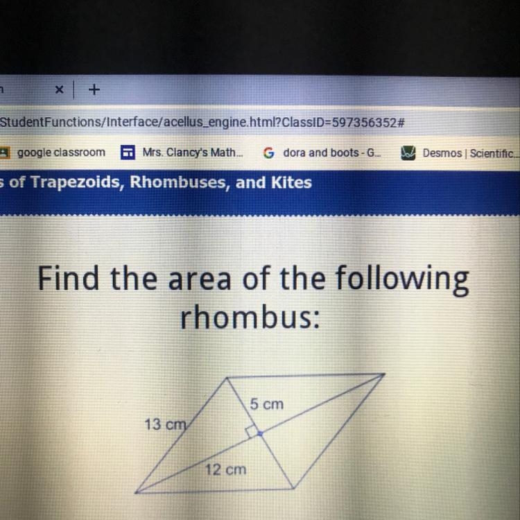 Find the area of the following rhombus: 5 cm 13 cm 12 cm-example-1