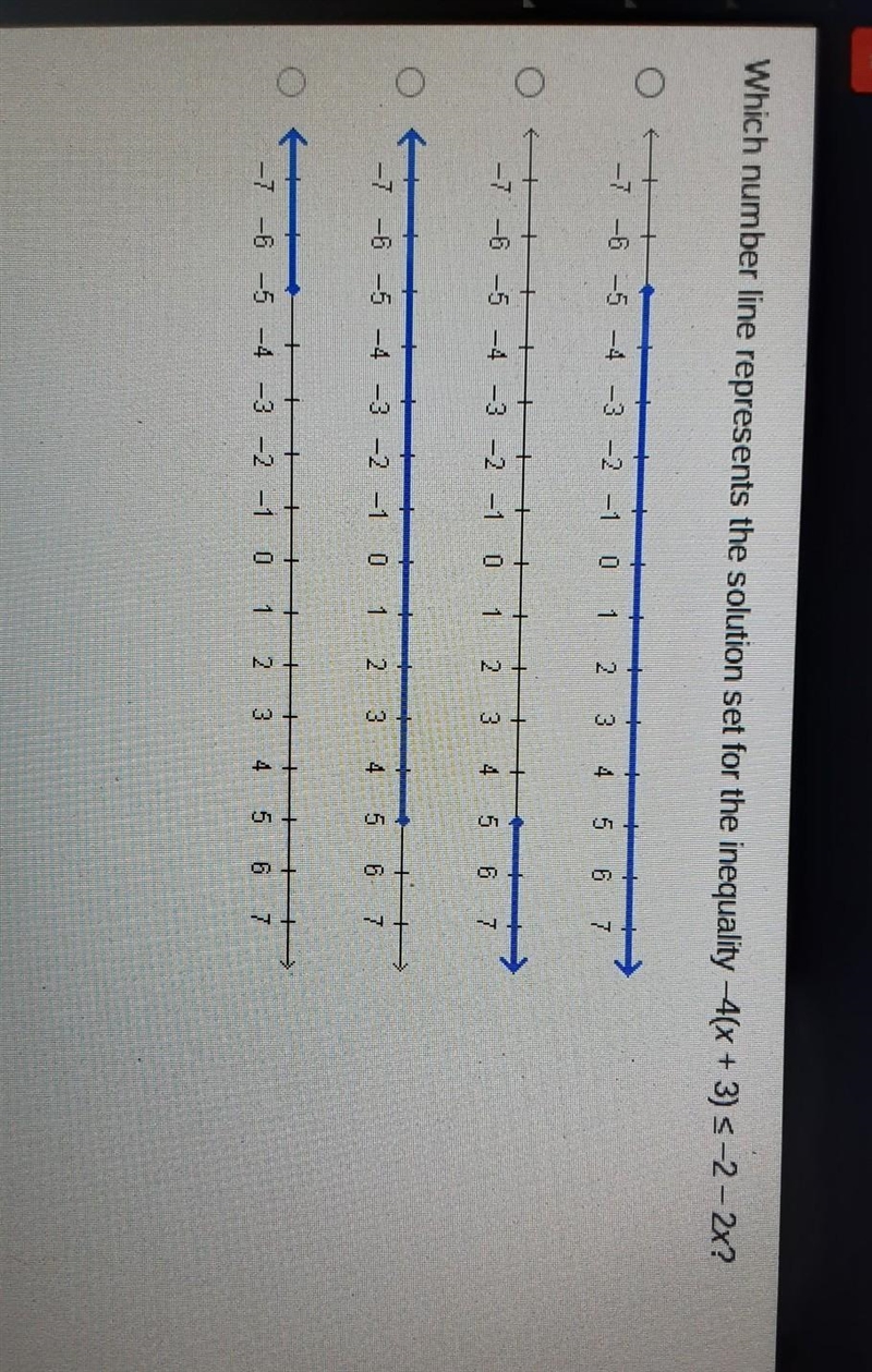 Which number line represents the solution set for the inequality -4(x+3)<-2-2x-example-1