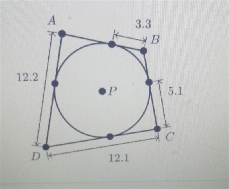 all sides of quadrilateral ABCD are tangent to circle p. What is the perimeter of-example-1