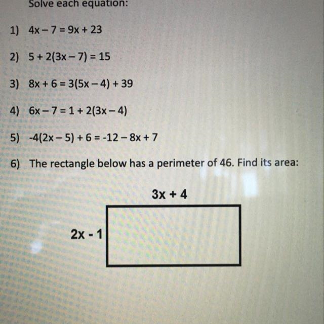 6) The rectangle below has a perimeter of 46. Find its area.-example-1