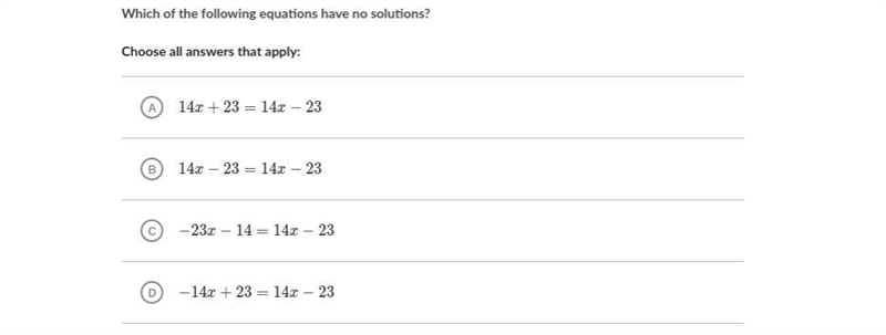 Which of the following equations have no solutions? Choose all answers that apply-example-1