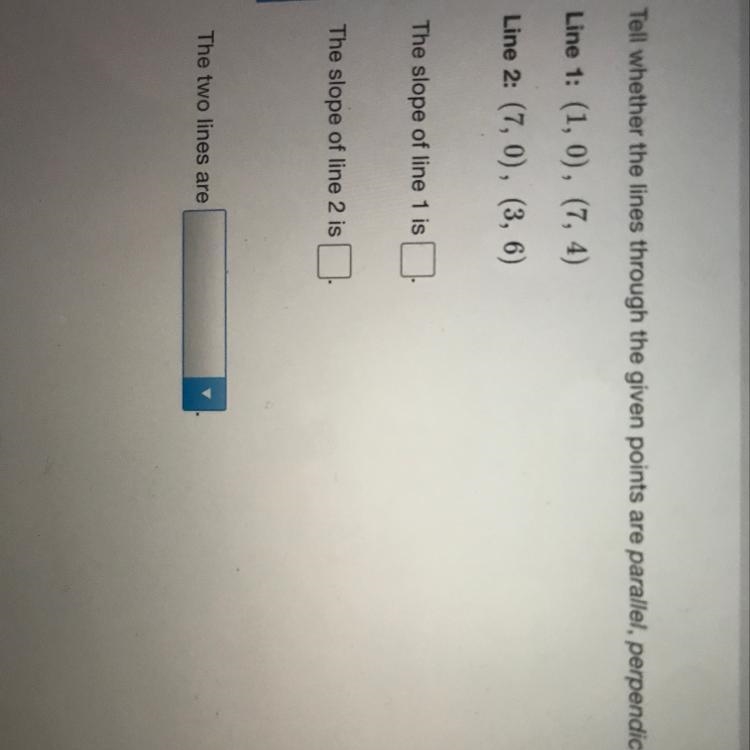 Tell whether the lines through the given points are parallel, perpendicular, or neither-example-1