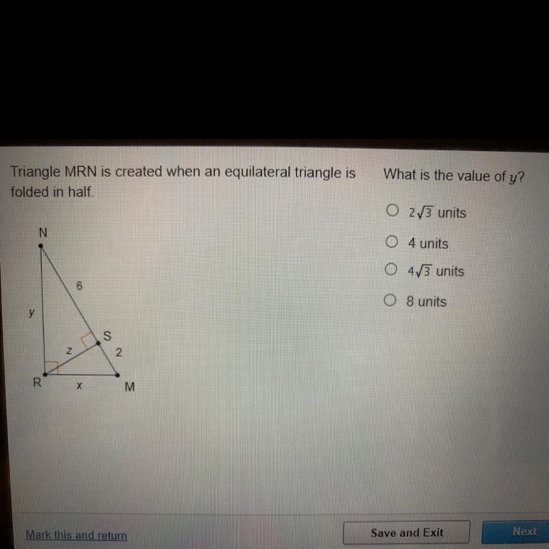 What is the value of y? O 2/3 units O 4 units O 4/3 units O 8 units-example-1