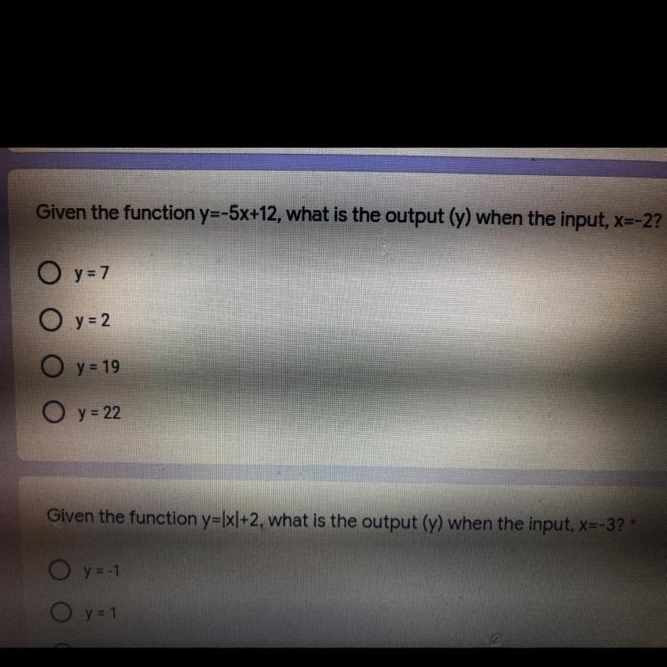 Give the function y=-5x+12, what is the output (y) when the input, x=-2?-example-1