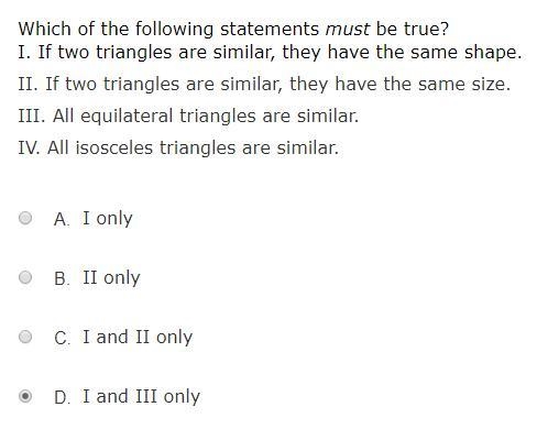 Are all equilateral triangles similar? ( Ignore the answer I selected )-example-1