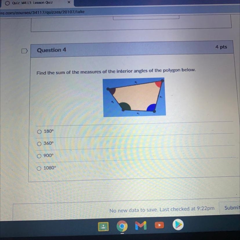 Find the sum of the measures of the interior angles of the polygon below. a) 180° b-example-1