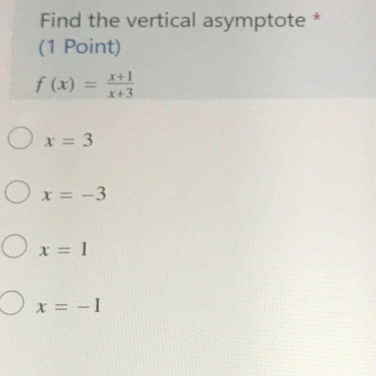 Find the vertical asymptote f(x) = +3 Ox=3 x = -3 Ox=1 Ox=-1-example-1