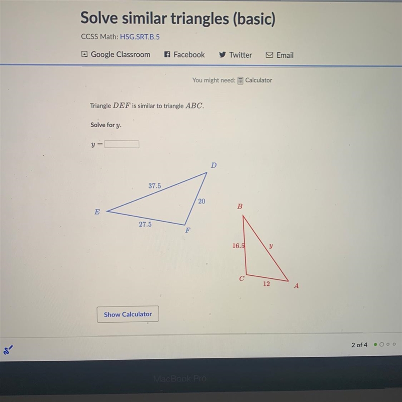 Solve similar triangles-example-1