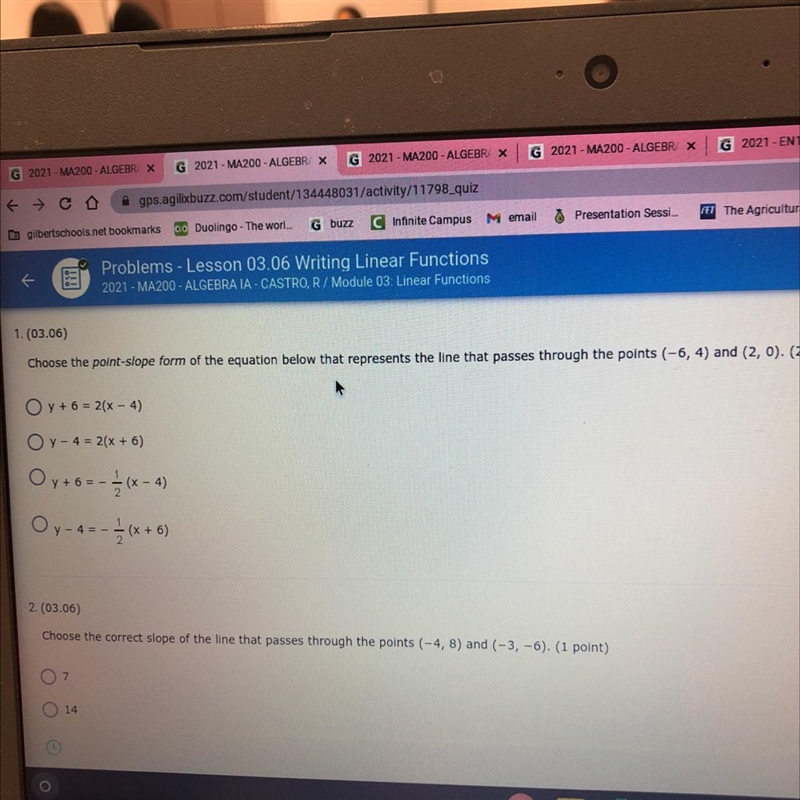 Choose the point slope form of the equation below that represents the line that passes-example-1