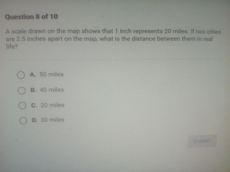 A scale John on the map shows that 1 inch represents 20 miles If 2 cities are 2.5&quot-example-1