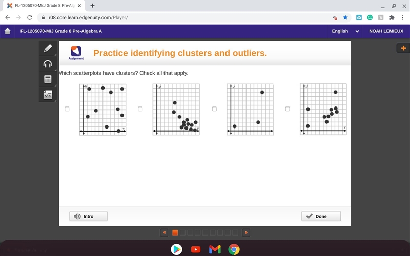 Which scatterplots have clusters? Check all that apply.-example-1