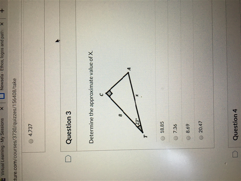 Determine the approximate value of x A. 18.85 B. 7.36 C. 8.69 D. 20.47-example-1