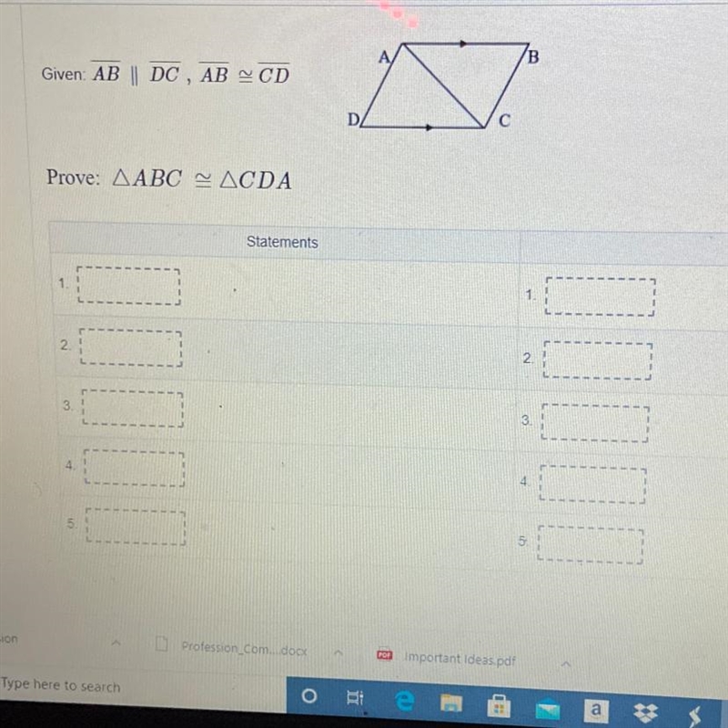 Given: AB || DC, AB CD DA Prove: ABC CDA-example-1