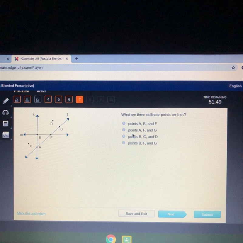 What are three collinear points on line I? K I D G B F C A M-example-1