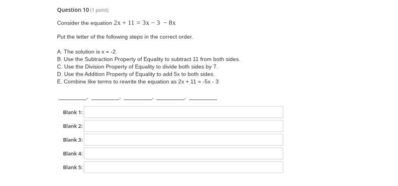 Consider the equation 2x+11=3x−3 −8x Put the letter of the following steps in the-example-1