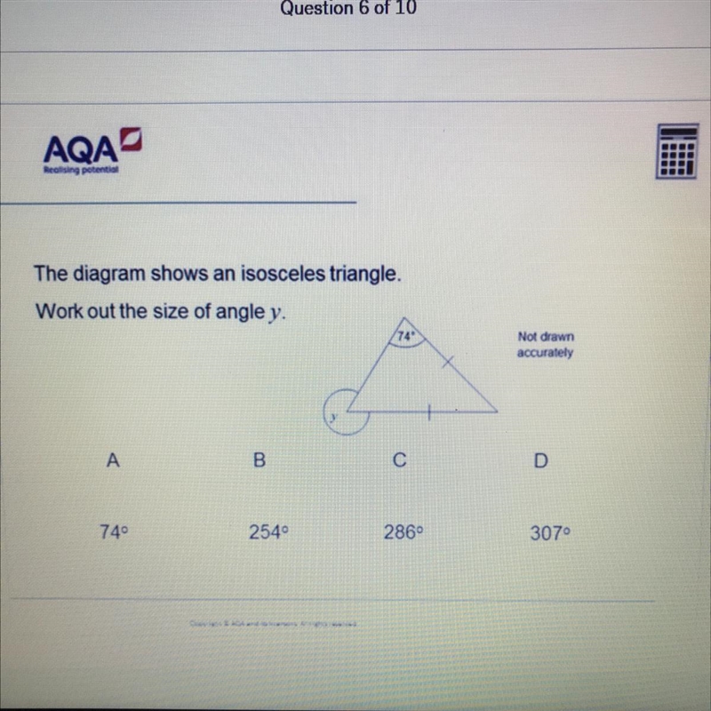 The diagram shows an isosceles triangle. Work out the size of angle y. A 740° B 2540° C-example-1