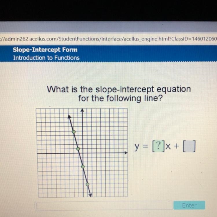 What is the slope-intercept equation for the following line? y = [?]x + []-example-1