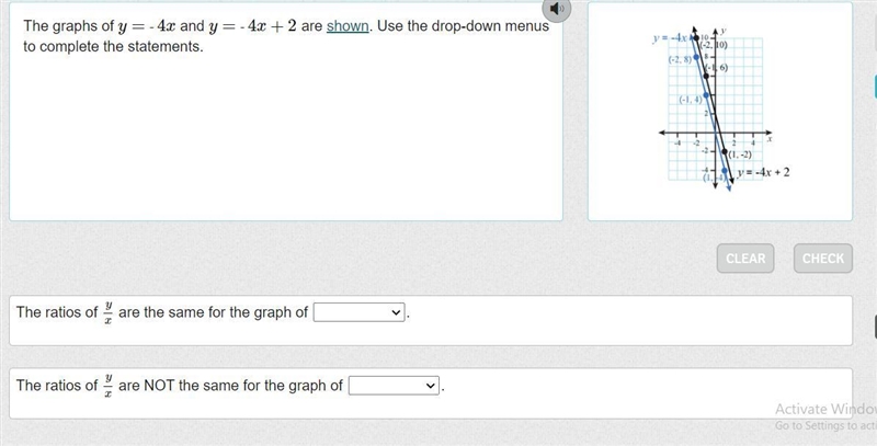 The graphs of y= ‐4x and y= ‐4x+2 are shown. Use the drop-down menus to complete the-example-1