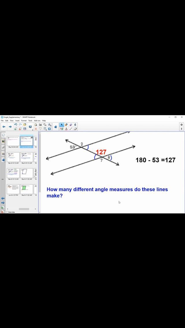 How many different angle measures the two parallel and one crossing line can make-example-1