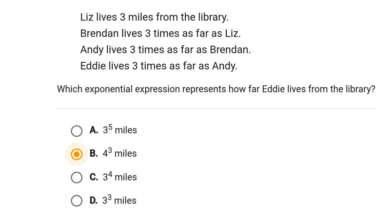 Liz lives 3 miles from the library. Brendan lives 3 times as far as Liz. Andy lives-example-1