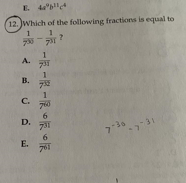 HUL 12. Which of the following fractions is equal 1-71? 7-307-31-example-1