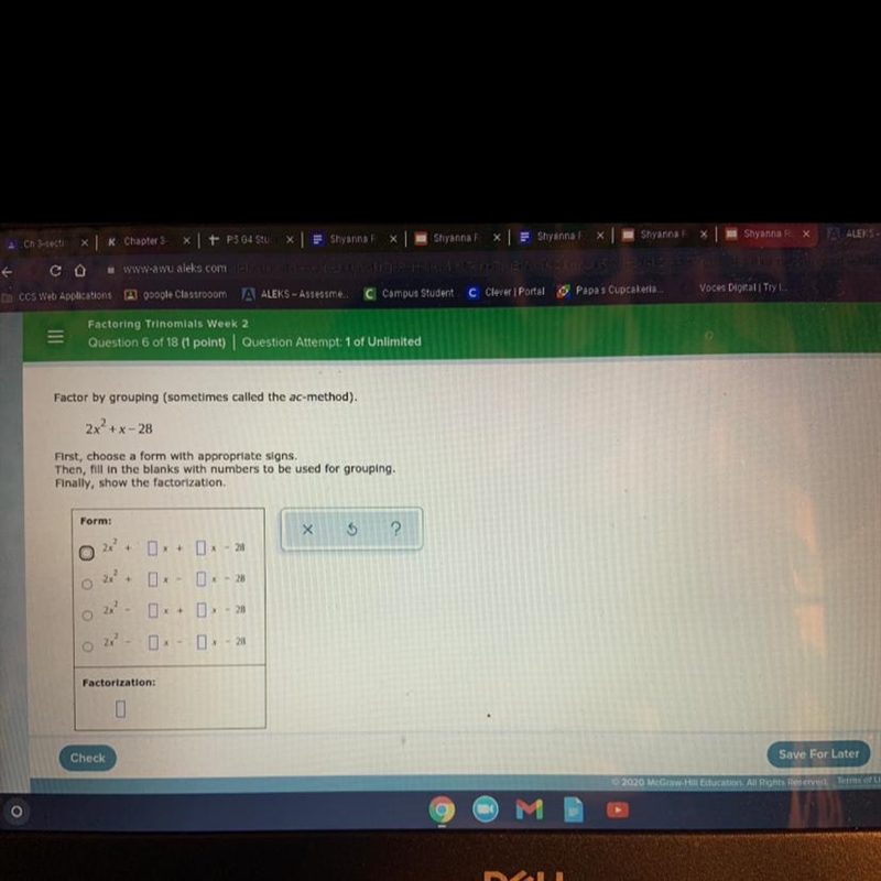 Q: Factor by grouping 2x^2 + x - 28 First, Choose a form with appropriate signs. Then-example-1