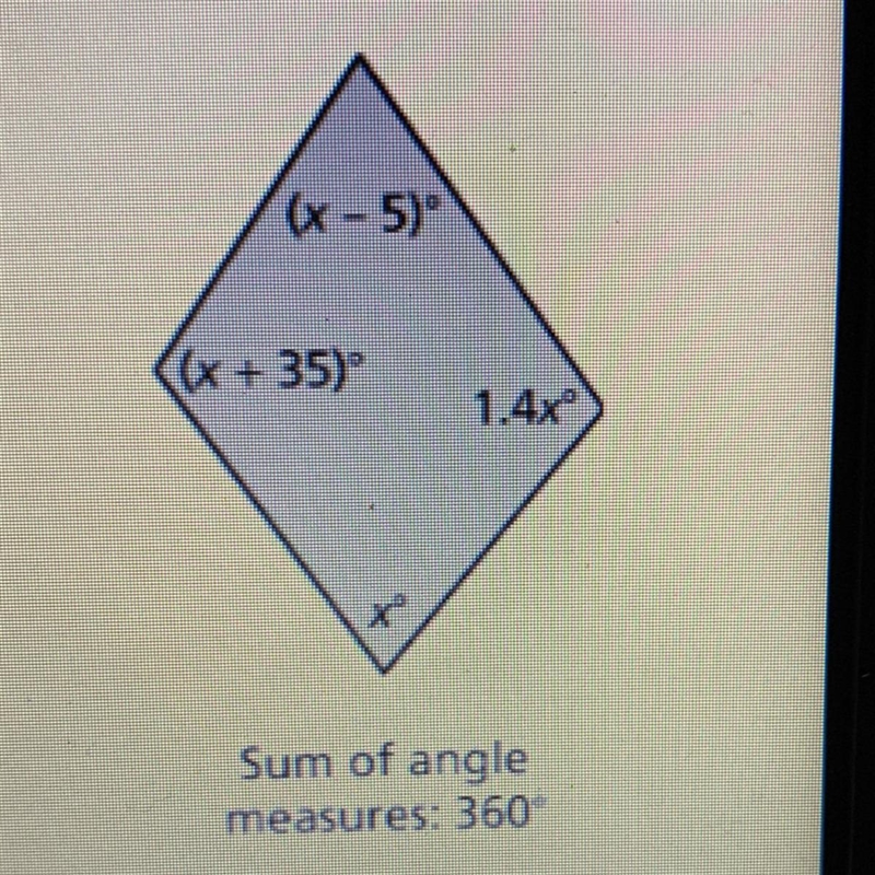 Find the value of X. Then find the angle measures of the polygon.-example-1