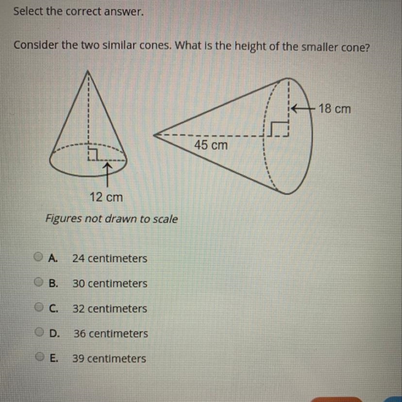 Consider the two similar cones. What is the height of the smaller cone? A) 27 centimeters-example-1