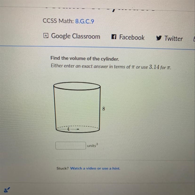 Find the volume of the cylinder all i need is the answer thanks!-example-1