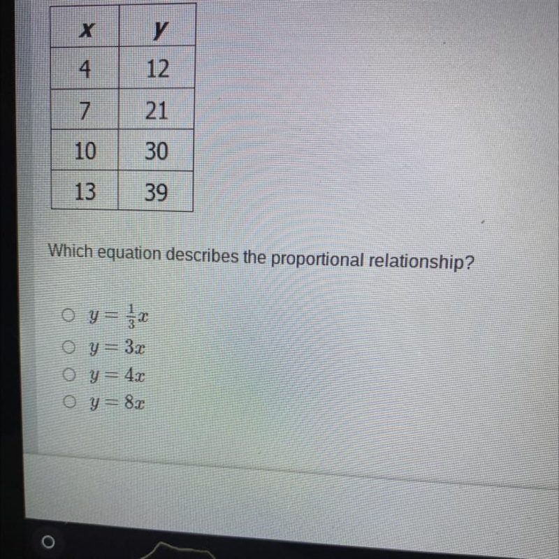 The table below represents a proportional relationship.-example-1