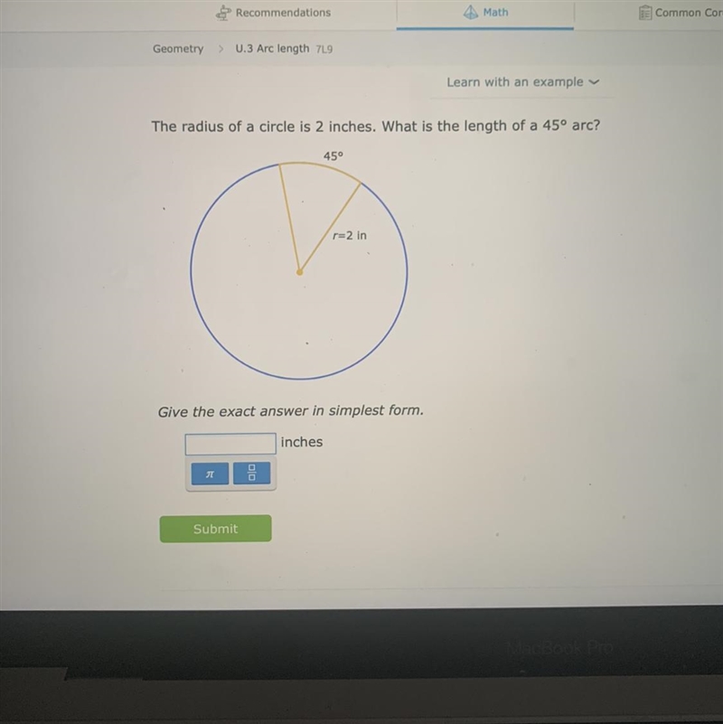 What is the length of a 45 arc-example-1