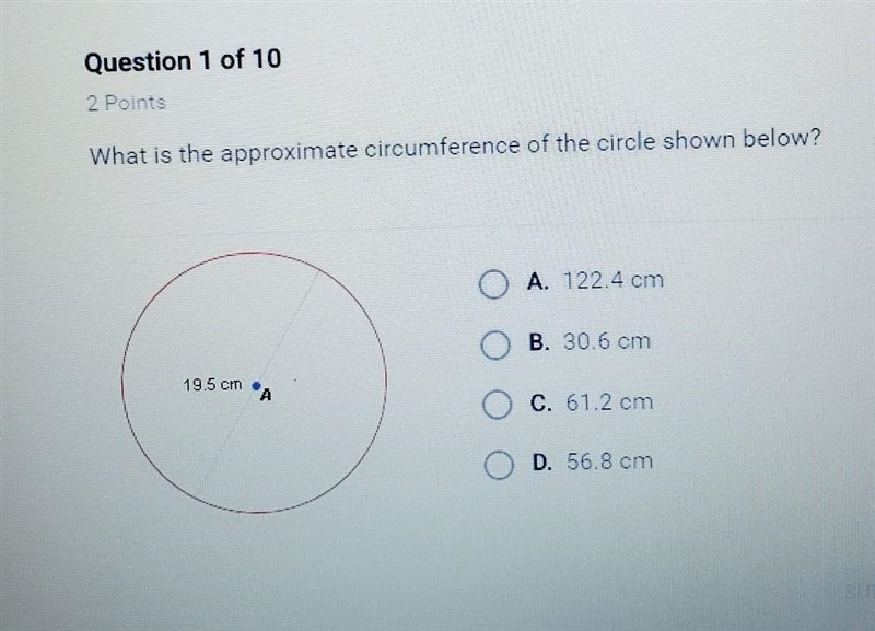 What is the approximate curcumfrance of the circle shown below?​-example-1