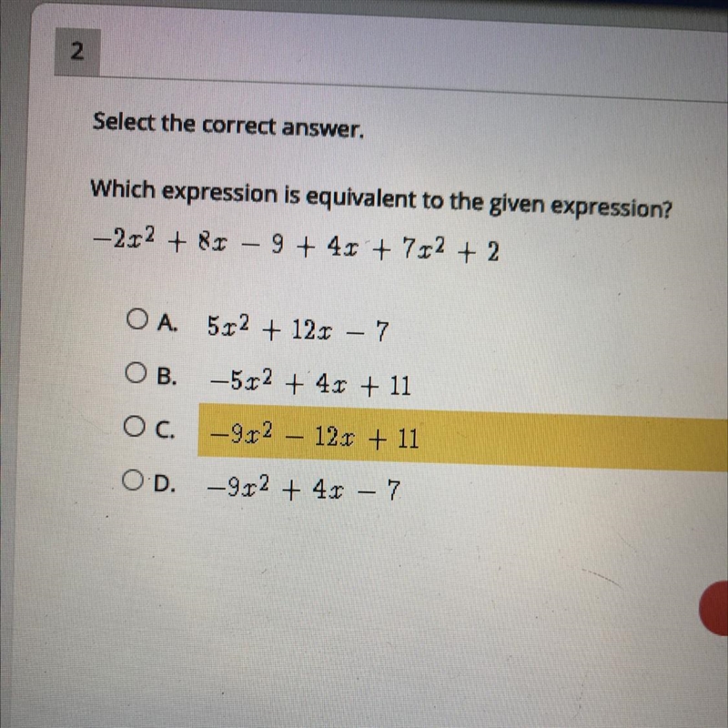 Select the correct answer. Which expression is equivalent to the given expression-example-1