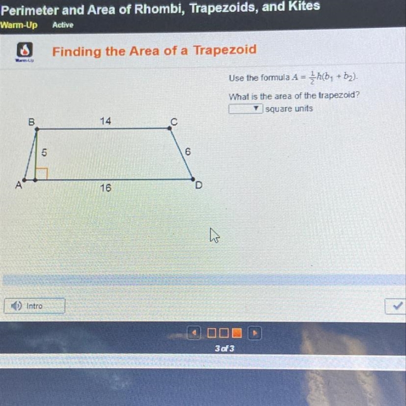 Finding the Area of a Trapezoid Use the formula A= 1/2h(b^1+b^2) What is the area-example-1