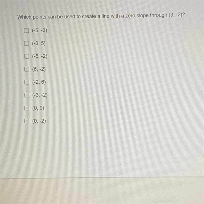 Which points can be used to create a line with a zero slope through (3,-2)-example-1