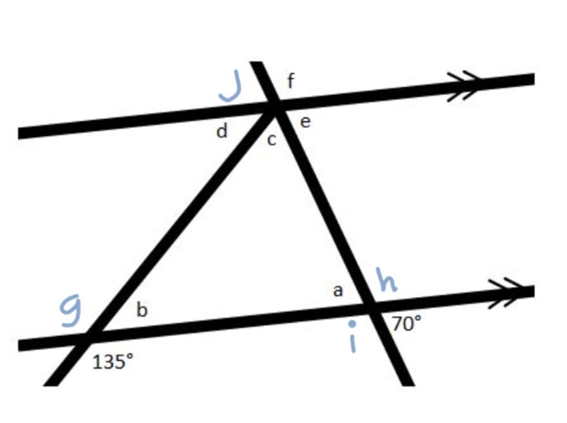 Find the measure of each missing angle? angle a= angle b= angle c=-example-1