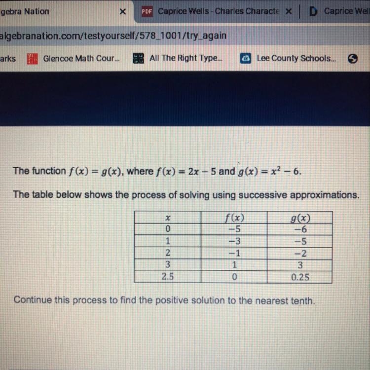 The function f(x) = g(x), where f(x) = 2x - 5 and g(x) = x2 - 6. The table below shows-example-1