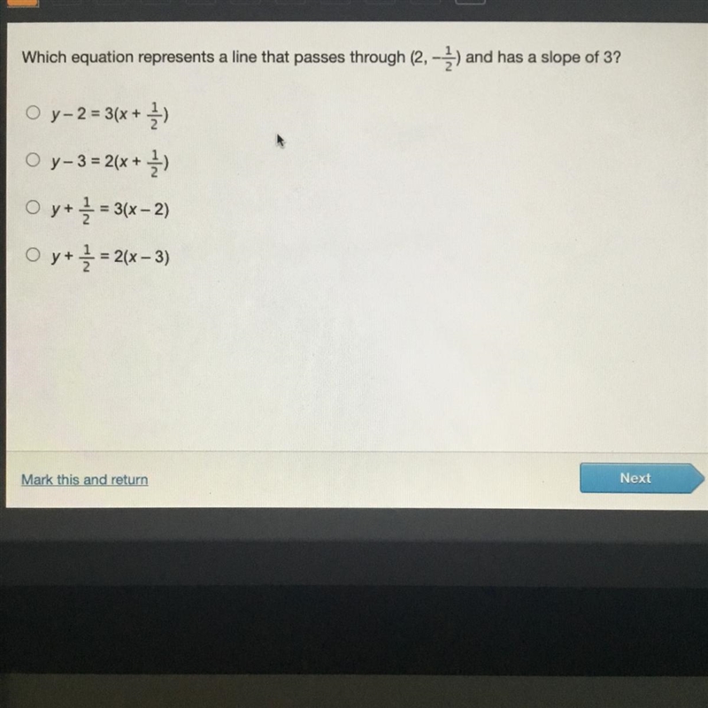 What equation represents a line that passes through (2,-1/2) and has a slope of 3.-example-1